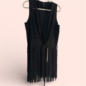 Western Black Suede-like Fringe Cowgirl Vest